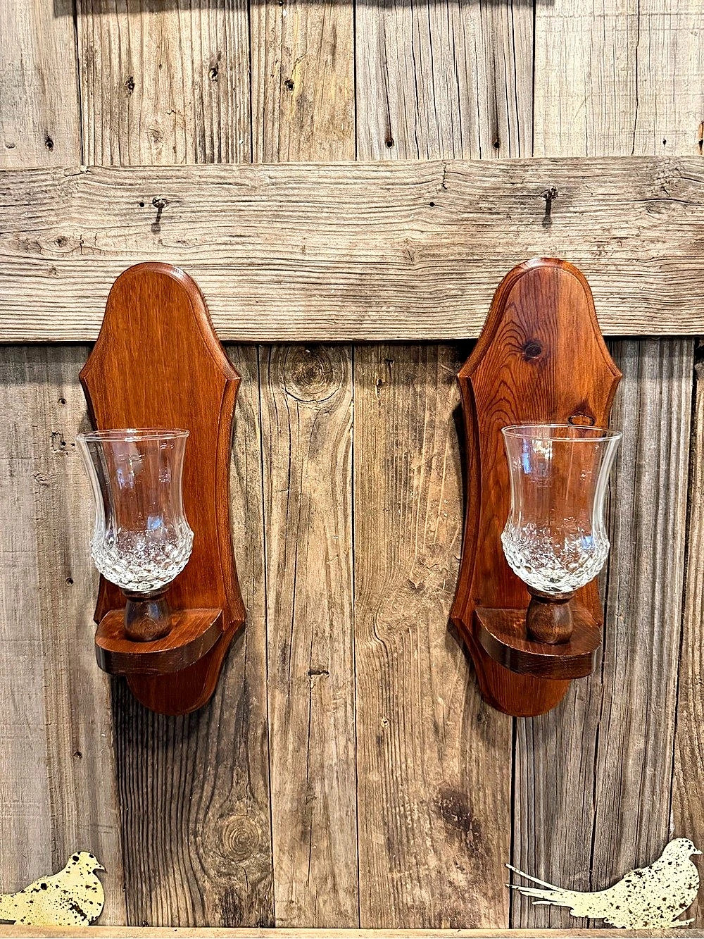 Pair of Vintage BOHO Farmhouse Wooden Wall-Mounted Candle Holders